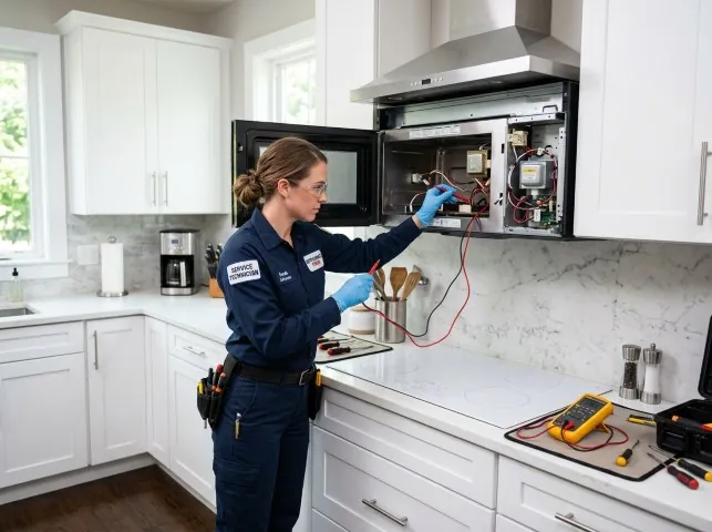 Appliance Repair Hero technician testing an over-the-range microwave in a Bonney Lake, WA kitchen